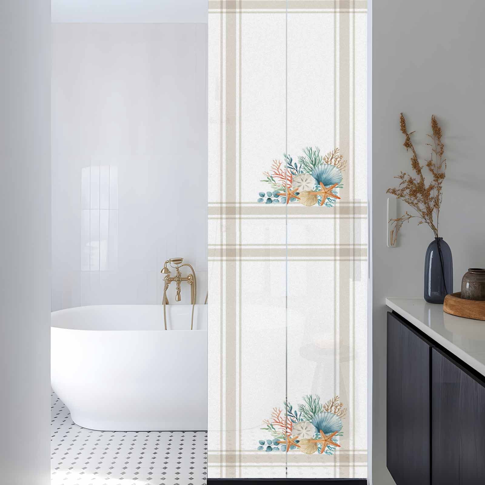 Marine Life Window Privacy Film, Starfish Shell Coral Brown Striped Eucalyptus Leaves Frosted Glass Window Clings Static Cling UV Heat Blocking Reusable Door Sticker for Bathroom 29.5 x 118 Inch