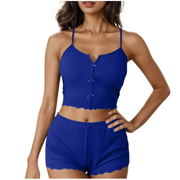 Dvprdro Fashion 2 Piece Pjs Sets Solid Color Sleep Bottom Suit Ribbed Bow Tie Spaghetti Strap Top with Elastic Waist Shorts Pajama Set for Women