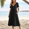 thumbnail image 6 of asdoklhq Spring Holiday Dress Midi Dress Women's V-Neck Solid-Color Casual Long-Sleeved Pocket Short Dress Black M, 6 of 9