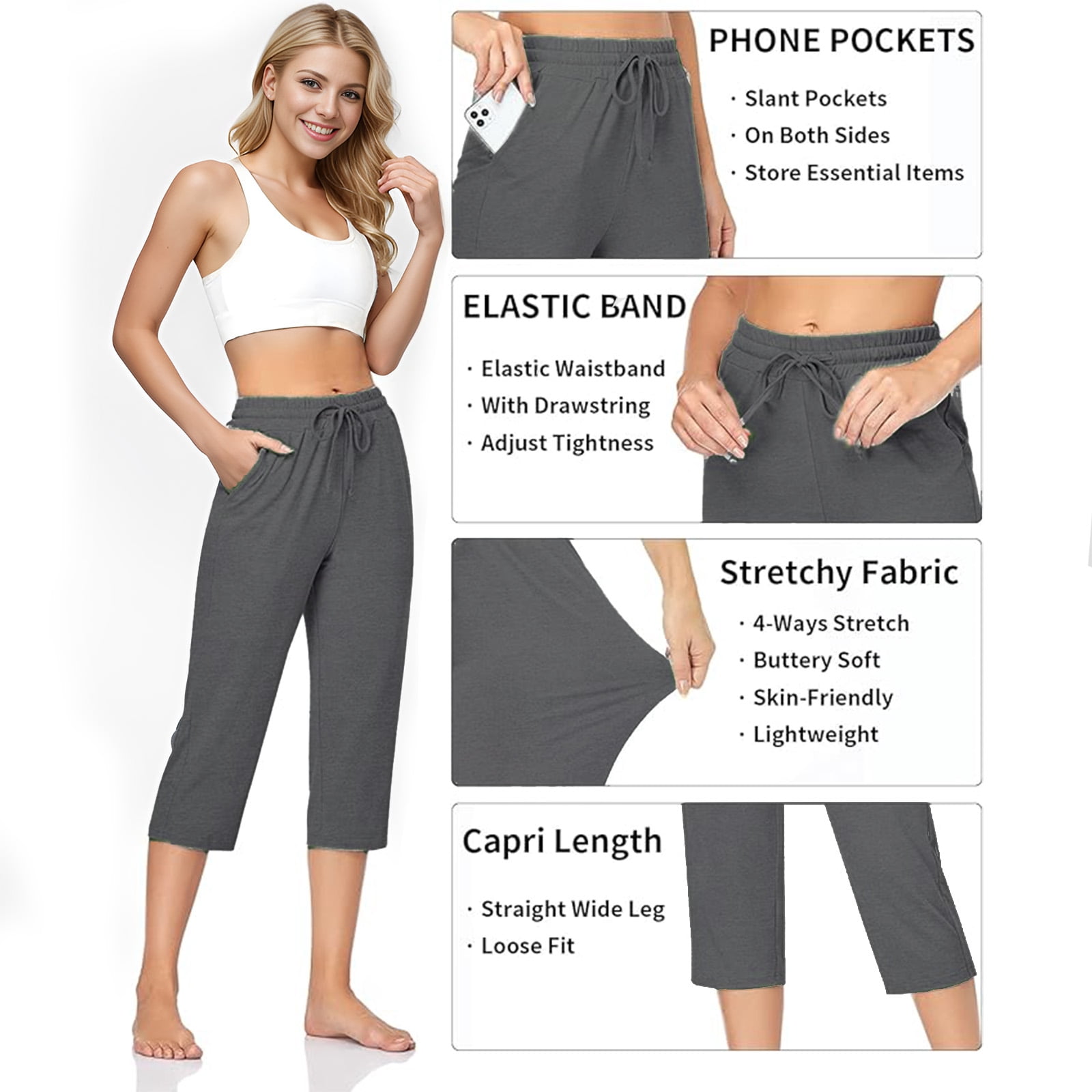 SOMER Women's Capri Yoga Pants Loose Soft High Waist Drawstring Workout Sweatpants Casual Work Pants Flare Leggings with Pockets for Summer