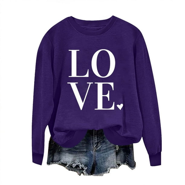 Penkiiy Camisetas Día de San Valentín Las mujeres aman Corazón Rojo Sudadera gráfica de manga larga Cuello Crew Valentines Tops L Púrpura