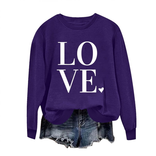 Penkiiy T-Shirts de la Saint-Valentin pour Femmes, Chandail en Molleton Graphique Cœur Rouge, Manches Longues, Col Rond, Chandail en Molleton de la Saint-Valentin, S Violet