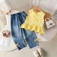 thumbnail image 2 of WUANDIXFA Toddler Kids Girls Clothes Short Sleeve Shirt Top Flare Denim Jeans 2 Piece Outfits For Girls Cute Clothing Set (Yellow, 3-4 Years), 2 of 8