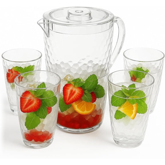84 oz Crystal-Clear Pitcher with 4 Tumblers Set, BPA-Free Food-Grade Jug with 3-Position Lid & Spout – Large Beverage Pitcher for Party, Iced Tea, Lemonade, Sangria, Fridge,Clear