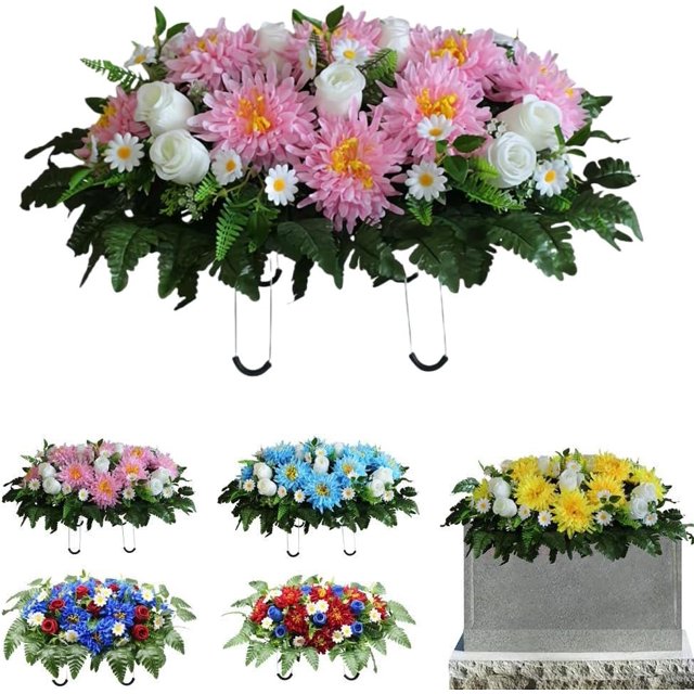 Artificial Cemetery Flowers Saddle, Large Artificial Cemetery Flowers for Grave, Headstone Flower Saddle, Cemetery Memorial Flowers for Outdoor Tombstone Decorations