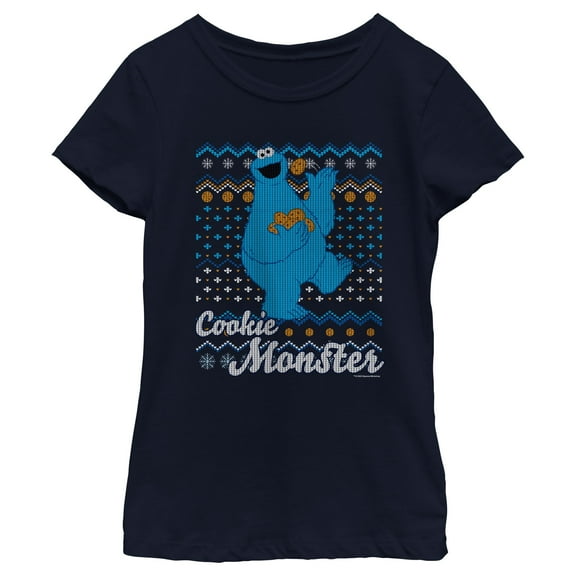 Girl's Sesame Street Cookie Monster Ugly Christmas Sweater Print  Graphic T-Shirt