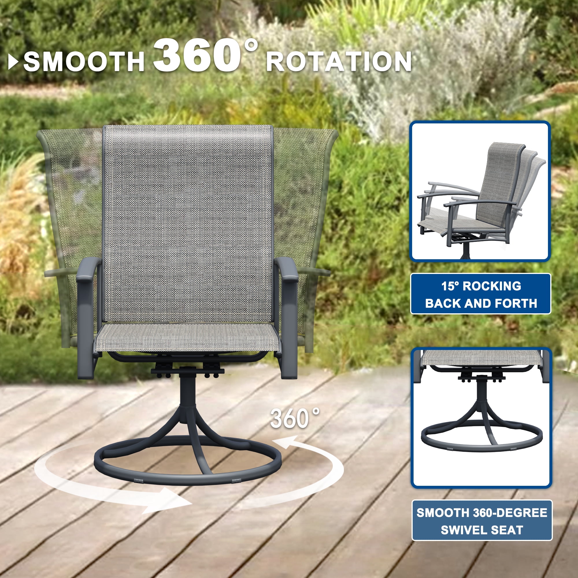 Swivel Patio Chairs Set of 6, Outdoor Metal Dining Armchairs, High Back Ergonomic Design, Gray