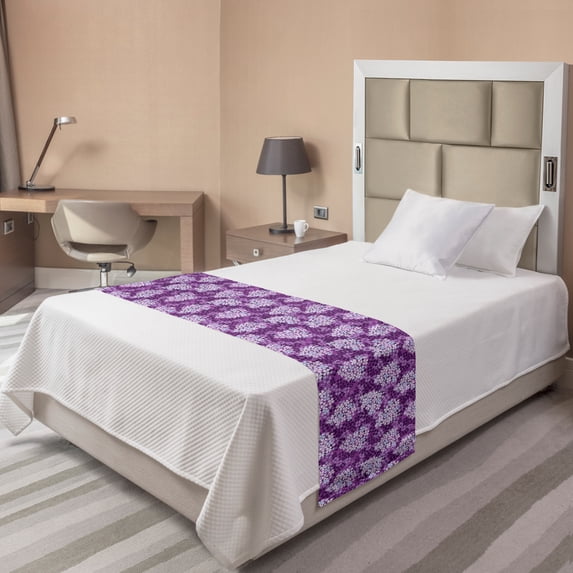 Flower Bed Runner, Lilacs Illustration Greenery Field Freshness Hydrangea Design, Decorative Accent Bedding Scarf for Hotels Homes and Guestrooms, Twin, Pale Blue Purple White, by Ambesonne