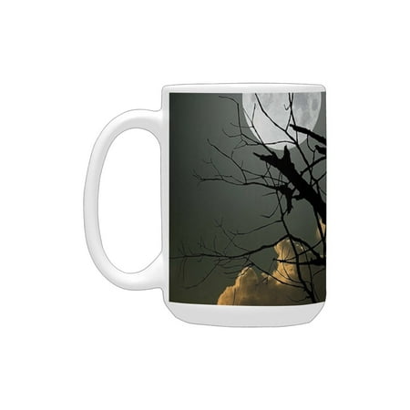 

Artsy Laundry Decor Collection Earth Tones Magical Tree with Full Moonlight at Night Scene Ceramic Mug (15 OZ) (Made In USA)
