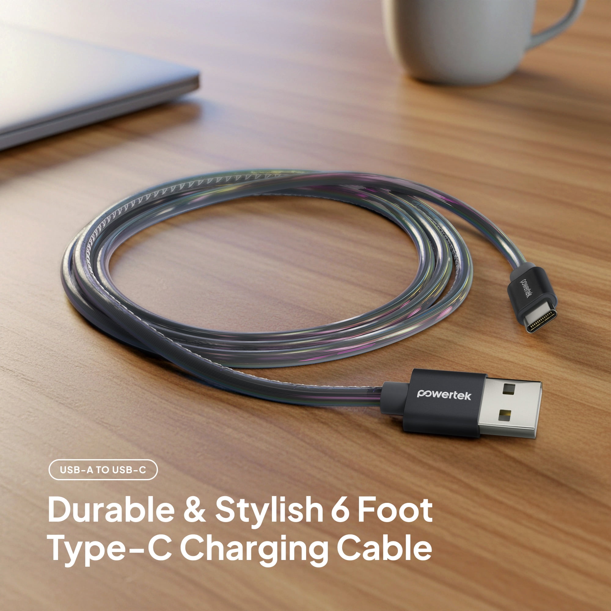 Powertek USB-A to USB-C (Type-C) Metallic Shine Pastel Charging Cable, 6 ft, Black