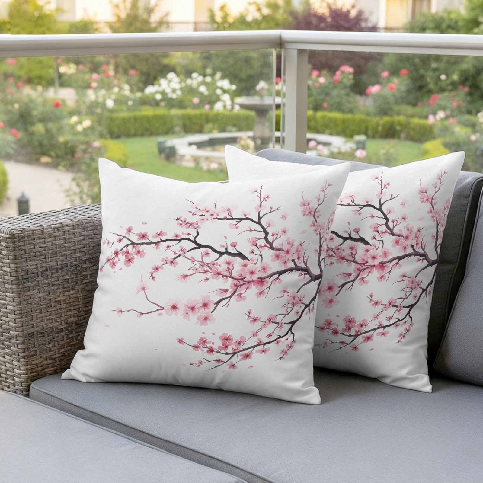 Cherry Flowers Pillow Covers 2 Pack Pink Floral Branch Spring Watercolors Pillowcase Waterproof Outdoor Throw Pillow Cover for Patio Garden Square Cushion 18”x18”