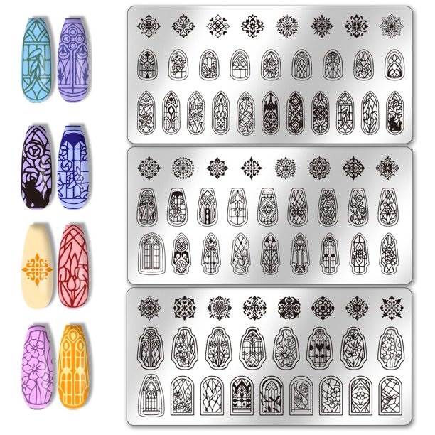 3 plantillas para decoración de uñas con diseño de ventana de cristal, 79 patrones, miniplacas para estampar uñas con flores, plantillas para decoración de uñas, placas de acero inoxidable.