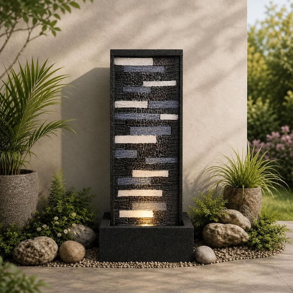 GIDITA 40 Inch Rectangular Outdoor Water Fountain with LED Light, Modern Black Freestanding Waterfall Feature for Patio Backyard Garden, Electric Cascading Rock Fountain with Pump for Porch Lawn Deco