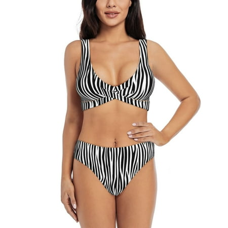 Zeuib Zebra Skin High Waisted Tummy Control Bikini Set - Knot Front Push Up Top & Cheeky Thong Bottom  Two-Piece Swimsuit for Women-X-Large