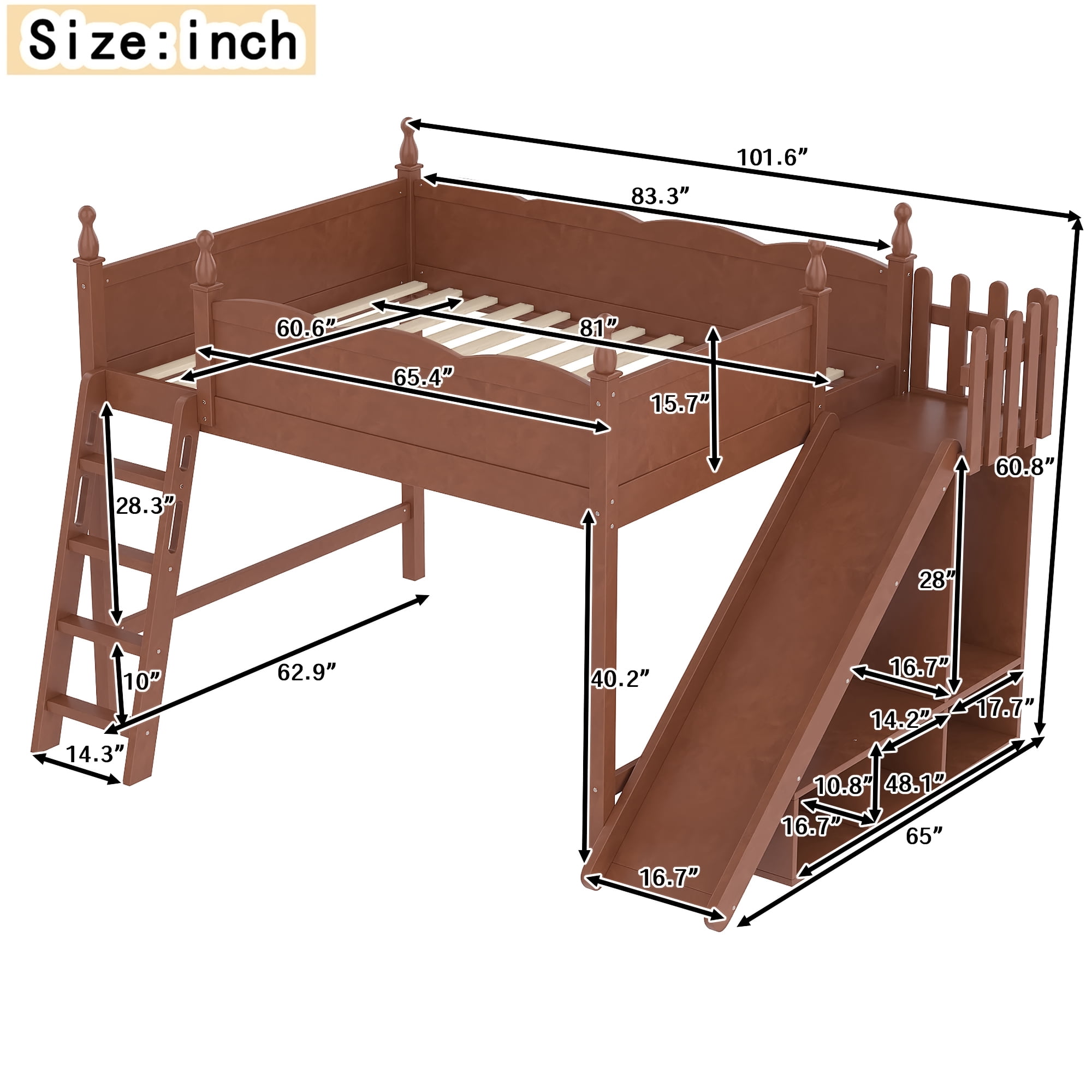 Leumius Queen Loft Bed Frame with Storage Shelves and Wardrobe, Solid Wood Loft Bed with Detachable Slide and Ladders for Kids Teens Adults Deep Natural
