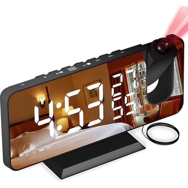 Reloj despertador con proyector, radio despertador con temperatura, humedad, pantalla LED de espejo de 7,5 pulgadas, con función de atenuación automática, (negro)