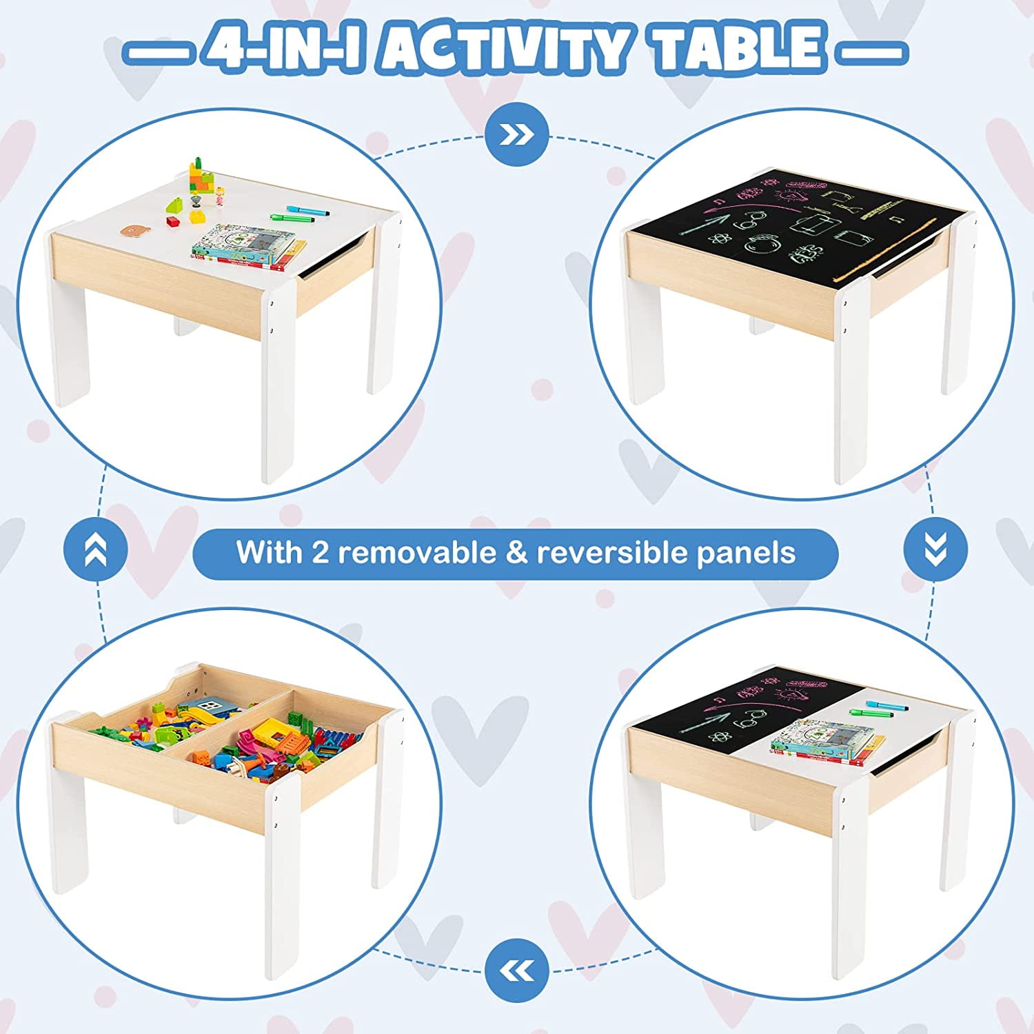 Kids Table and Chair Set, 4 in 1 Wooden Activity Table & 2 Chairs with Detachable Blackboard for Arts, Crafts, Drawing, Reading, Storage, 3 PCS Toddler Table and Chairs for Boys Girls (White)