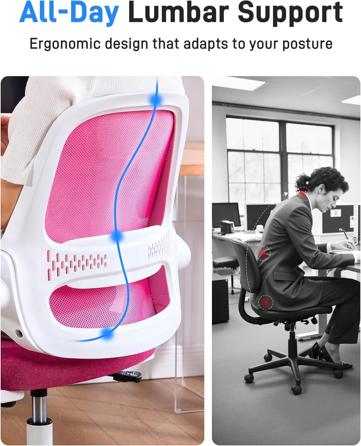 Ergonomic Mesh Office Chair for Home Office, Flip-Up Arms, Breathable Mesh Back & Thick Seat Cushion, Swivel Rolling Computer Desk Chair，Supports 300 lbs