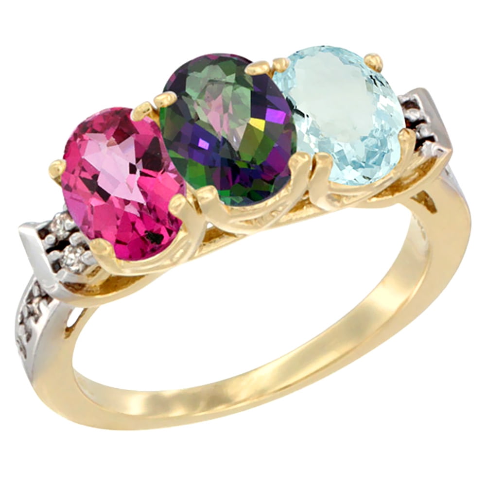 10K Yellow Gold Natural Pink Topaz, Mystic Topaz & Aquamarine Ring 3-Stone Oval 7x5 mm Diamond Accent, sizes 5 10 by WorldJewels