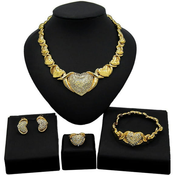 Women's Hugs & Kisses XOXO Big Heart Charm Necklace Set 18k Layered Real Gold Plated Includes Necklace Bracelet Earrings Ring Set #25