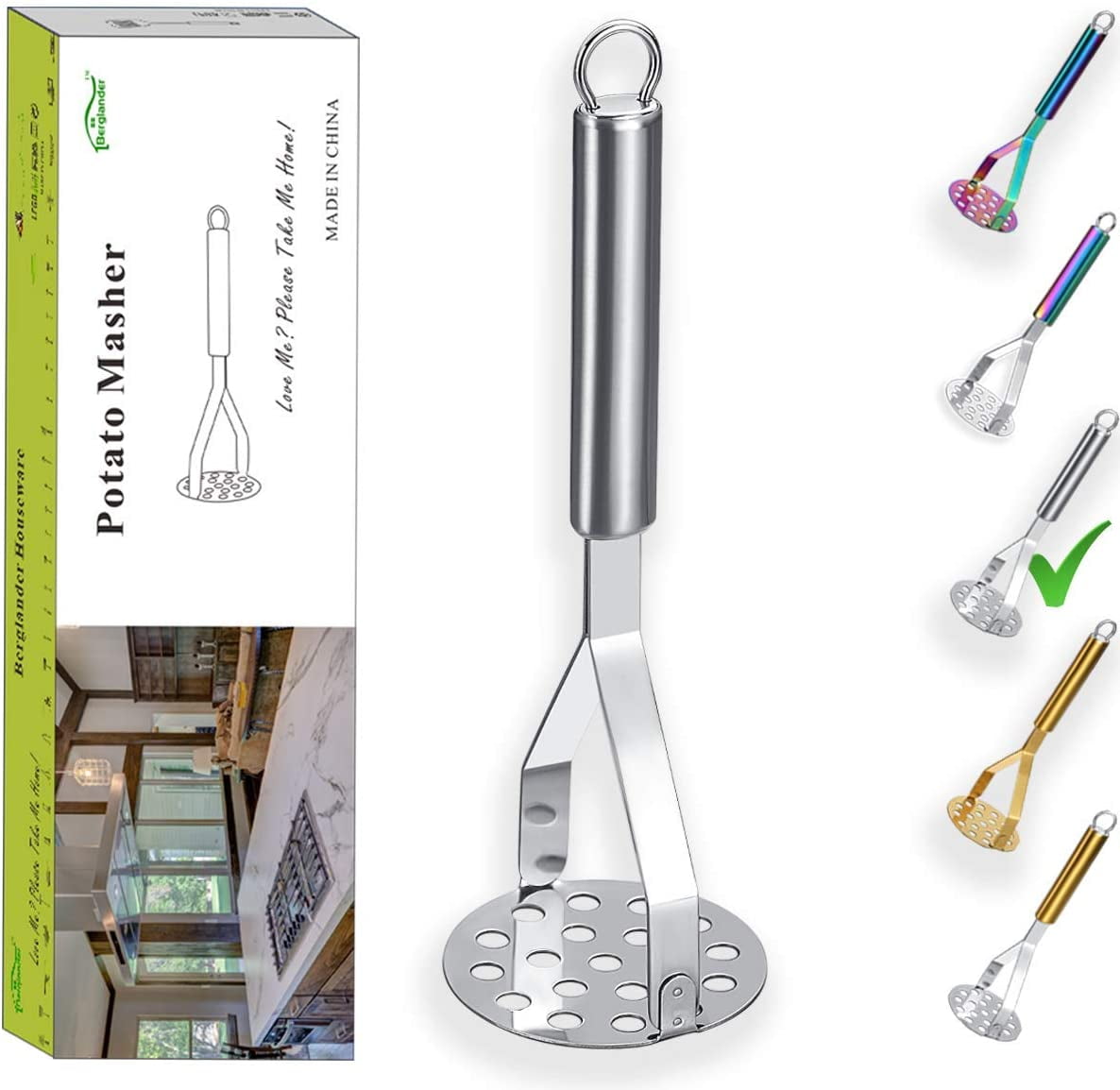 ReaNea Stainless Steel Potato Masher, Metal Hand Food Masher Utensil