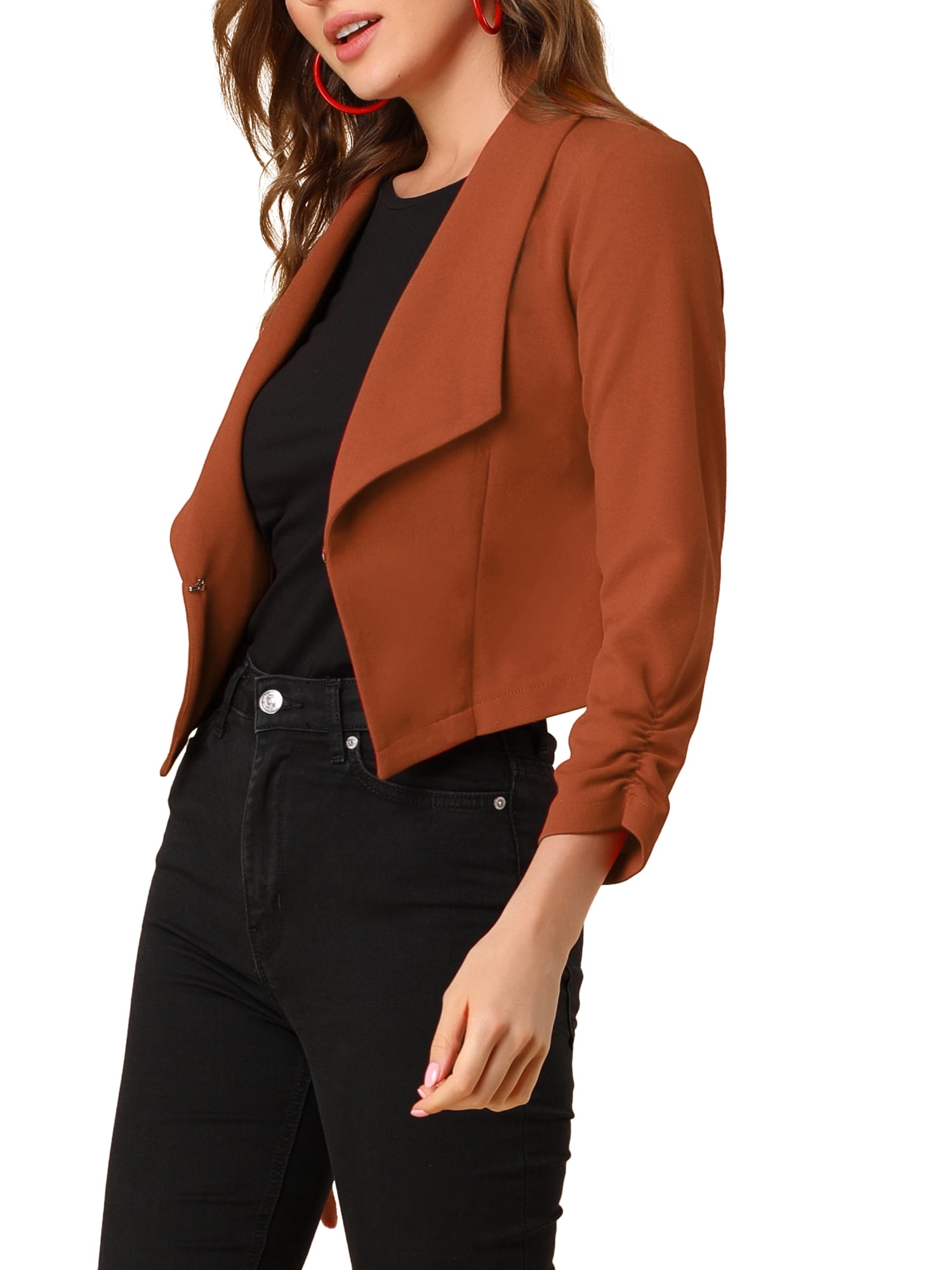 DARING DIVA Women's Notched Lapel Ruched Sleeve Crop Blazer XS Brown