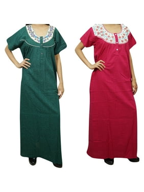 Mogul 2 pc Women's Green Red Caftan Maxi Dress Cap Sleeves Printed Night Wear Nightgown L