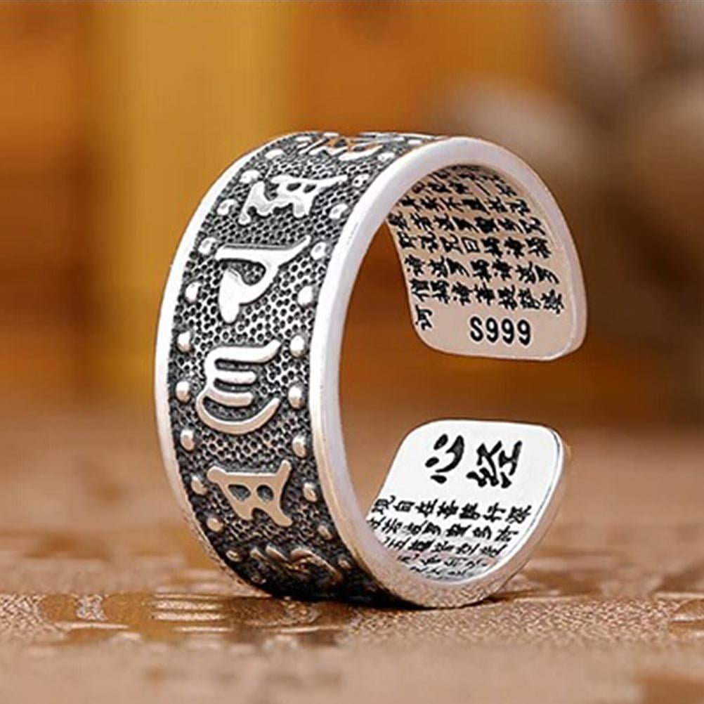 Silver Buddhist Tibetan Sutra Statement Ring Finger Ring for Men