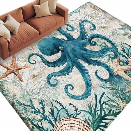 Area Rug 5x8ft Octopus Starfish Shell Sea Monster Washable Rugs for Living Room Bedroom Nautical Map Soft Non-slip Area Rugs Rectangle Floor Carpet for Dining Room