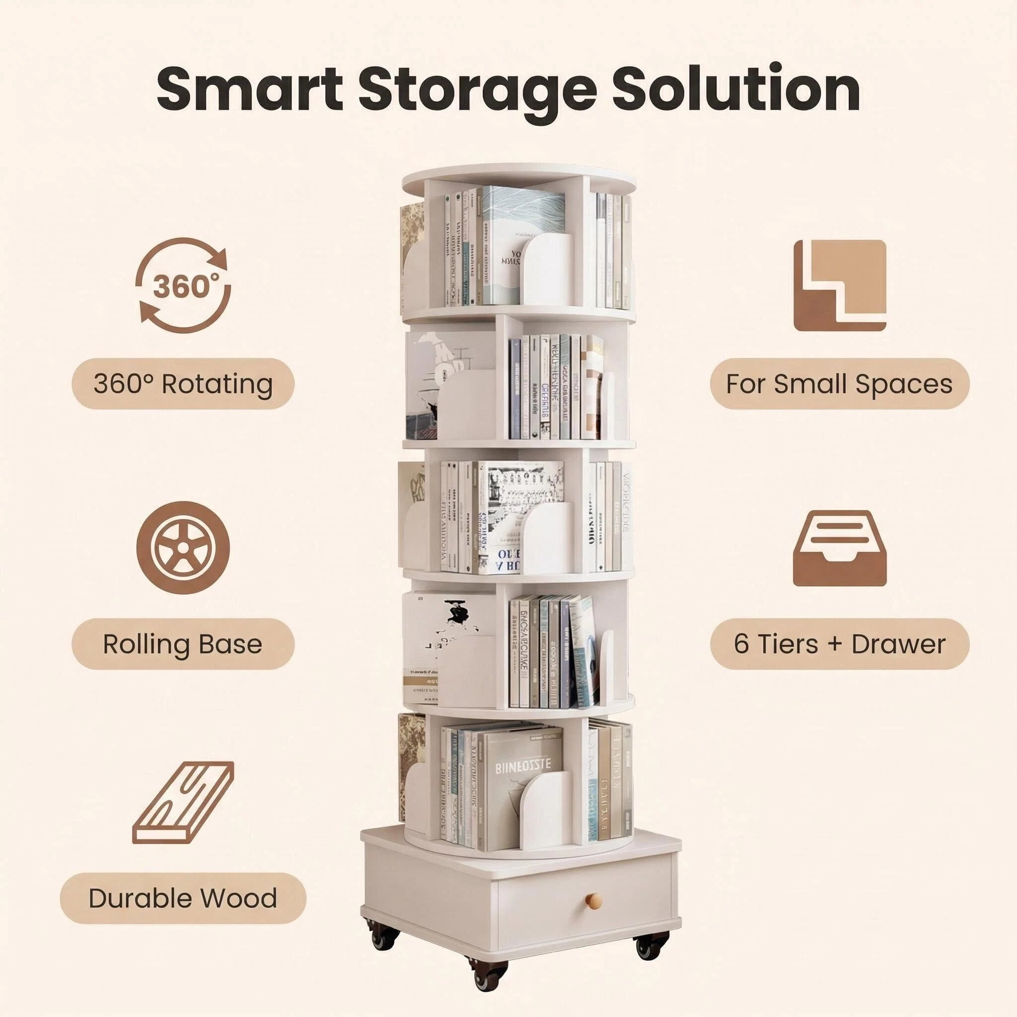 Atumcto Rotating Bookshelf with Drawer, 6 Tier 360 ° Corner Bookcase with Wheels, Tall Narrow Storage Shelf for Small Spaces, Bedroom Living Room, White
