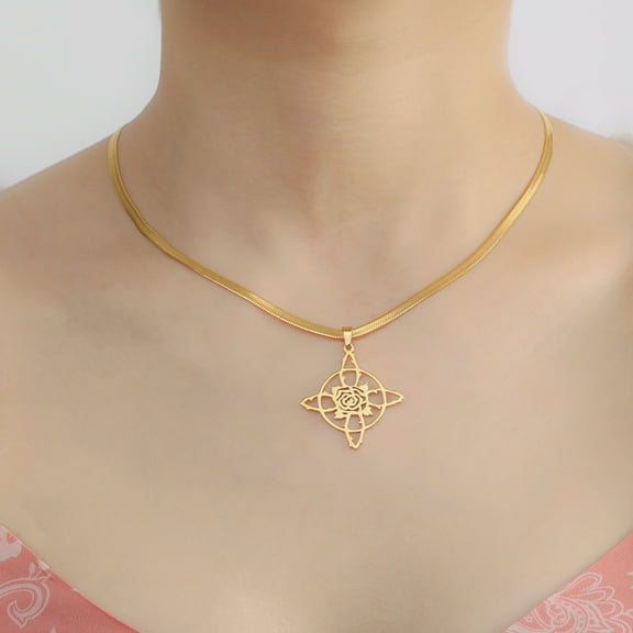 Witch Knot Pendant Necklace Vintage Rose Flower Necklaces for Women Men 14k Yellow Gold Jewelry Witchcraft Amulet Gift