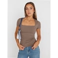 thumbnail image 3 of Womens Square Neck Short SleeveTops Spring Summer Slim Fit Tees Shirts, 3 of 6