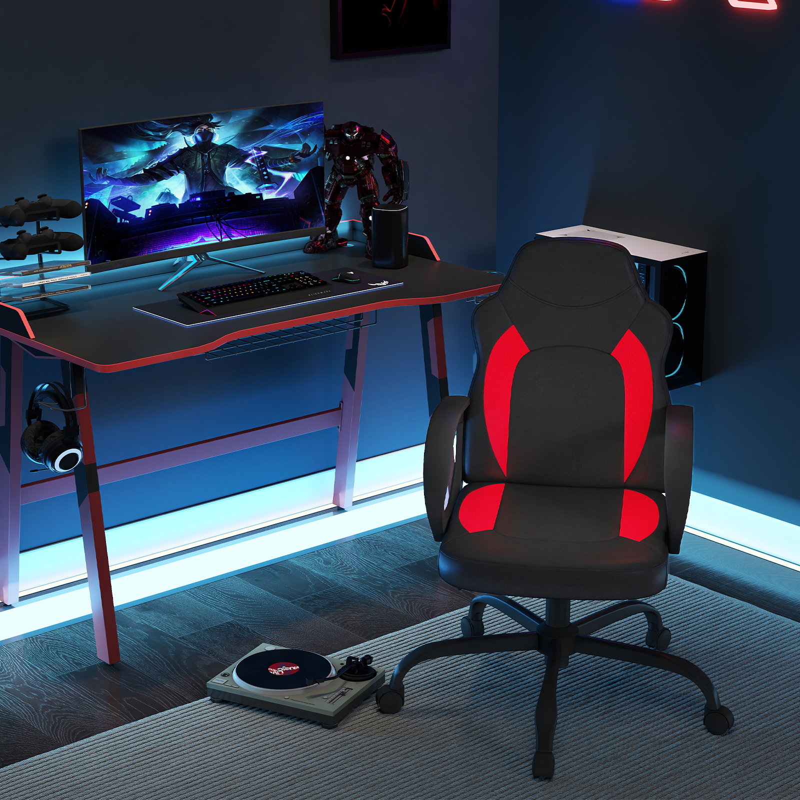 Ergonomic Gaming Chair with PU Leather Adjustable Swivel Office Chair for Home Study Red