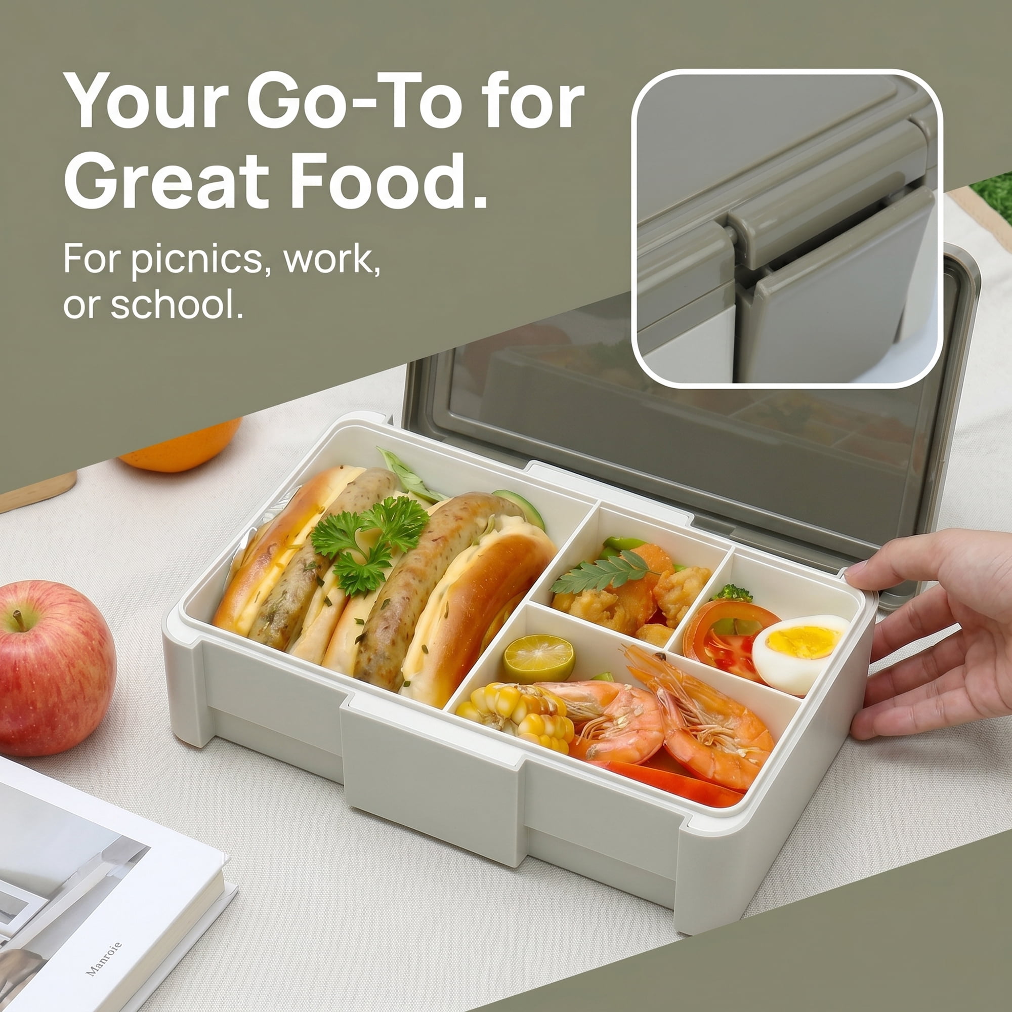 Unique Bargains 1450ml Leak-Proof Meal Prep Container Lunch Bento Box Khaki
