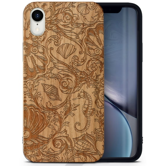 Case Yard Wooden Case Outside Soft TPU Silicone, Slim Fit Shockproof Wood Protective Phone Cover for Girls Boys Men and Women, Supports Wireless Charging Vintage Sea Design case for iPhone-XR