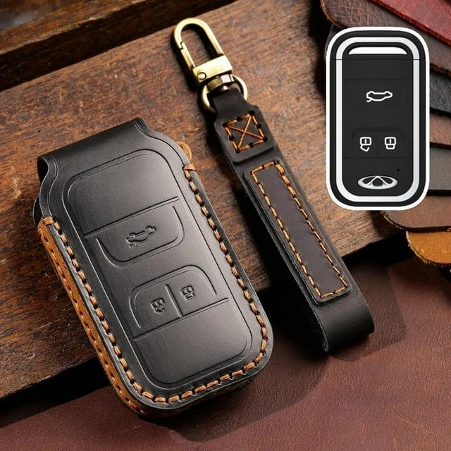 Premium Leather Key Fob Cover for Chery Tiggo Models - Tiggo 8, 7, 3, 4 Pro Protective Case with Carabiner, Anti-Scratch, Signal-Friendly Design, Easy Installation, Luxury Cowhide Material for