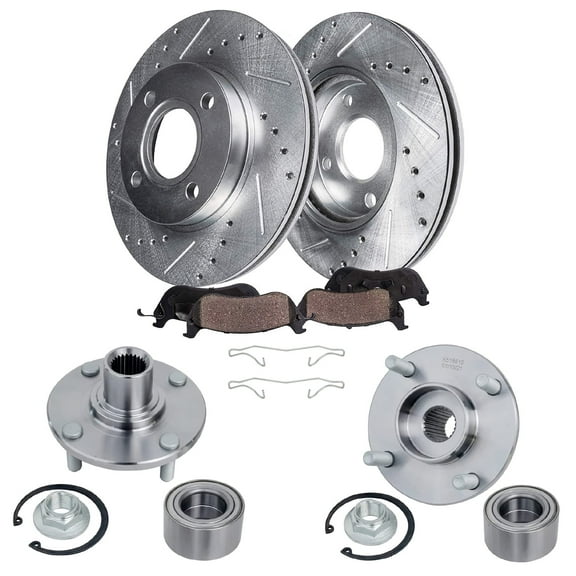 Detroit Axle - Front Wheel Bearing Hubs Brake Kit for 2005 2006 2007 Ford Focus [4-Lug] Drilled Brake Rotors Ceramic Brakes Pads Wheel Hubs Assembly Replacement