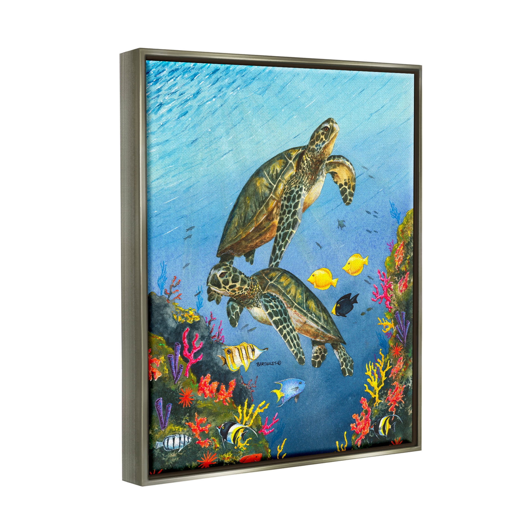 Sea Turtles Swimming Underwater Reef Animals & Insects Graphic Art Luster Gray Framed Art Print Wall Art