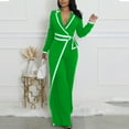 thumbnail image 2 of QATAINLAV Women's Long Sleeve Lapel V Neck Jumpsuits Fashion Colorblock Business Casual Outfits Belted Nightclub Party Rompers, Green, S, 2 of 8