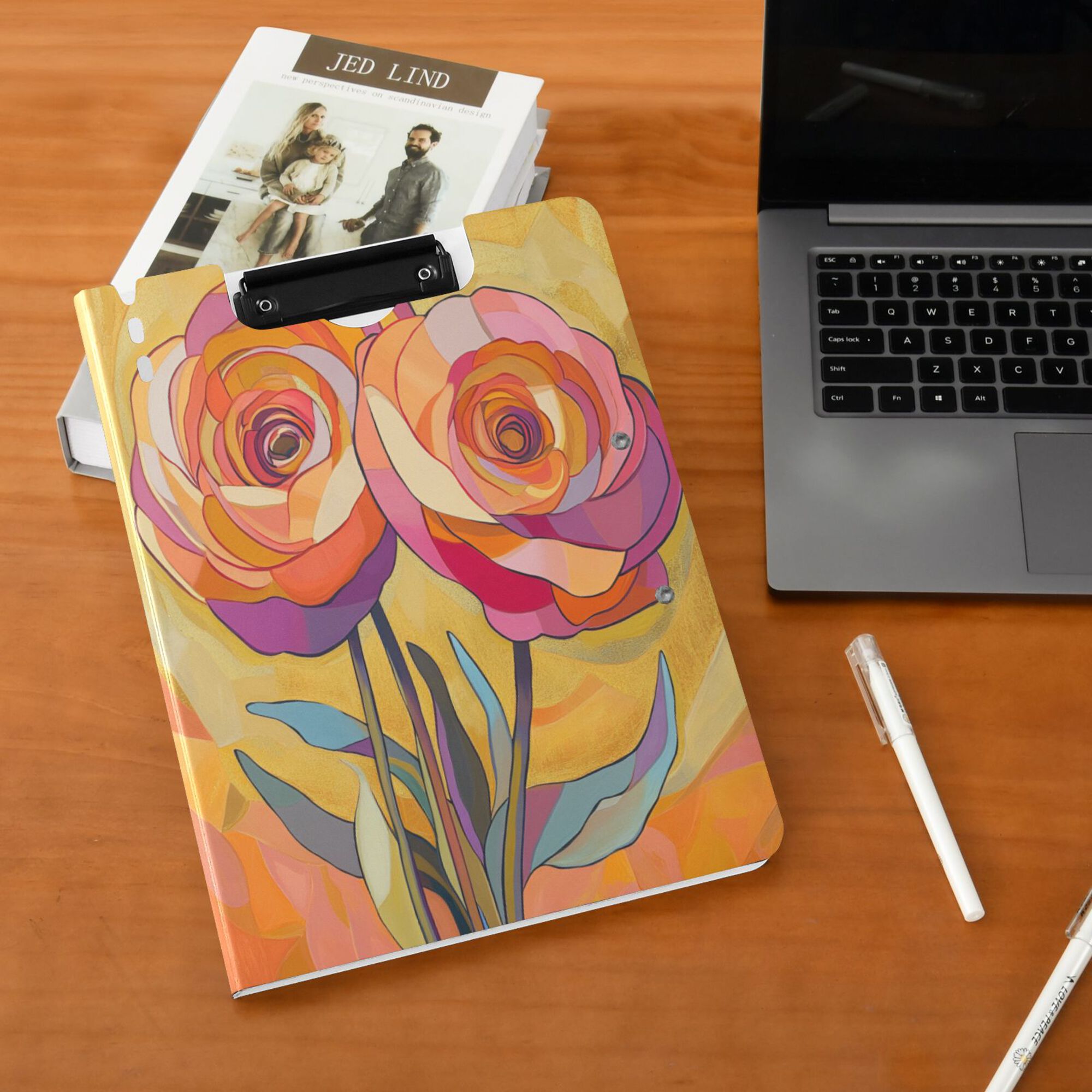 FORMRS A4 Clipboard Folder with Pen Holder Horizontal Foldable School Office Binder, Purple Abstract Floral