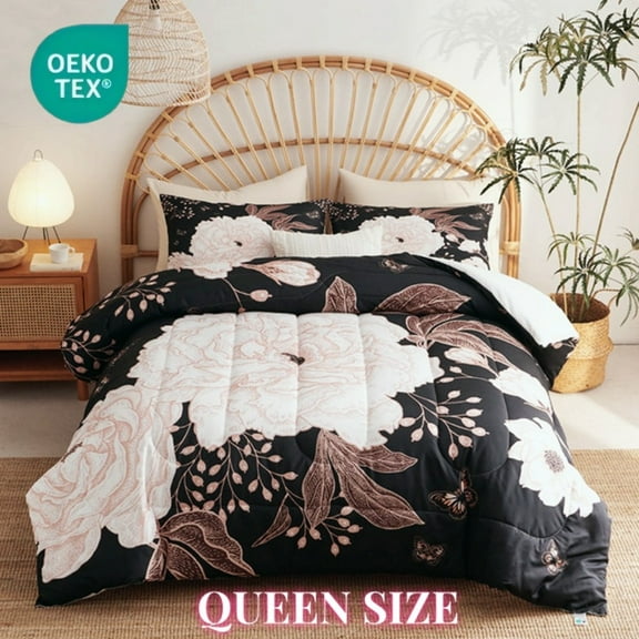 JOLOSERE Chic Black White Floral Comforter Queen Set, 3-Piece Botanical Floral Butterfly Bedding Comforter Set for Adults All Season