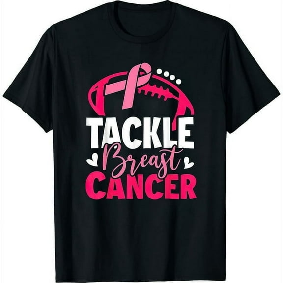 Womens T Shirt Tackle Breast Cancer Awareness Football Pink Ribbon Boys Kid Shirts Black