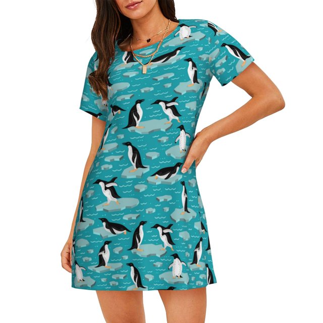 Fotbe Penguins On The Ice In The Sea Bata de Dormir para Mujer con Estampado, Camisón de Algodón de Manga Corta, Ropa de Dormir Casual