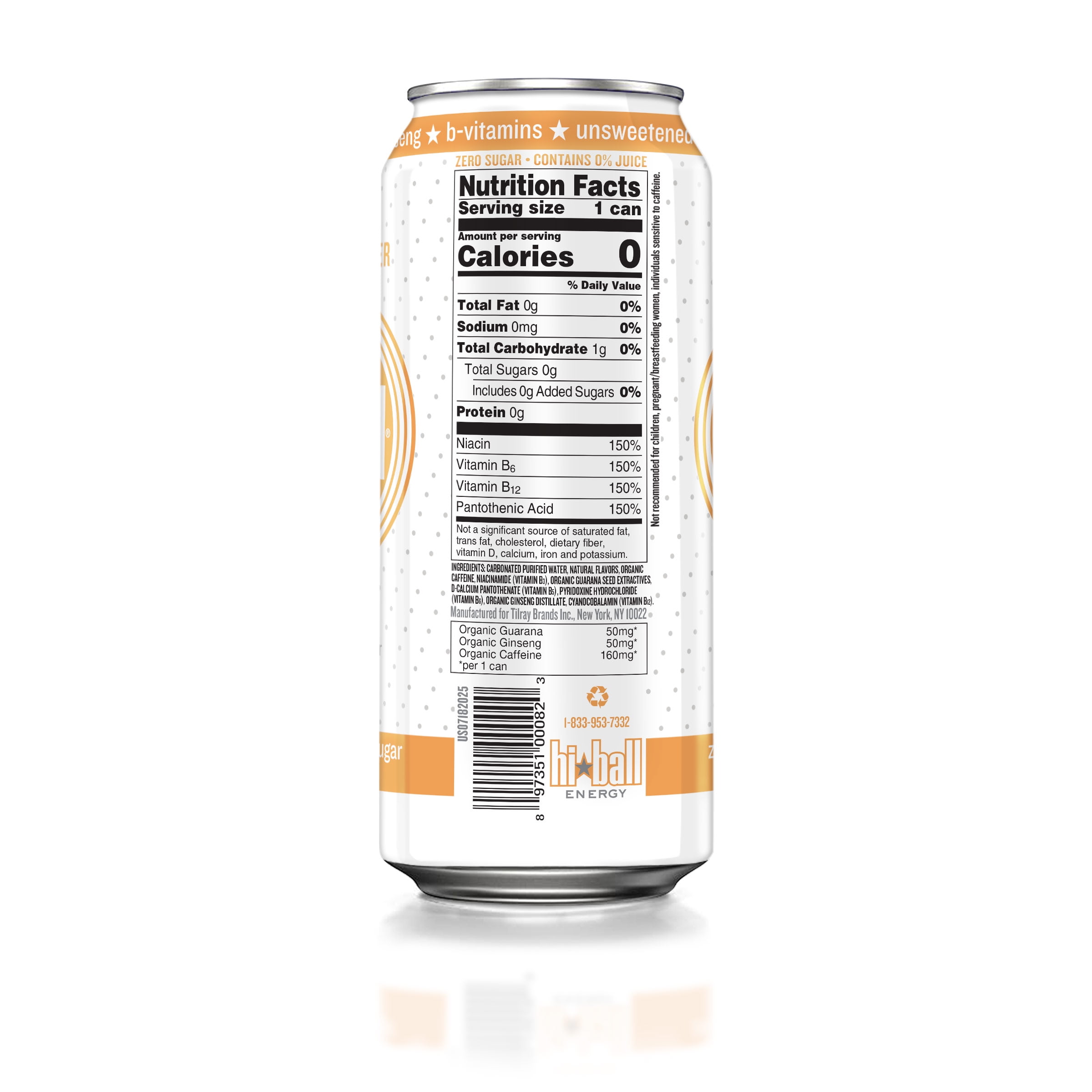 HiBall Clean Energy Drink, Zero Sugar Caffeinated Seltzer Water, Peach 16oz, USA, 12 pack