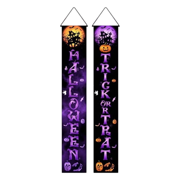 Halloween Porch Hanging Couplet Banner, 2 Pcs Purple Halloween Decoration with Pumpkin Ghost Moon Pattern, Waterproof Fabric for Indoor Outdoor Yard Haunted House Festive Celebration
