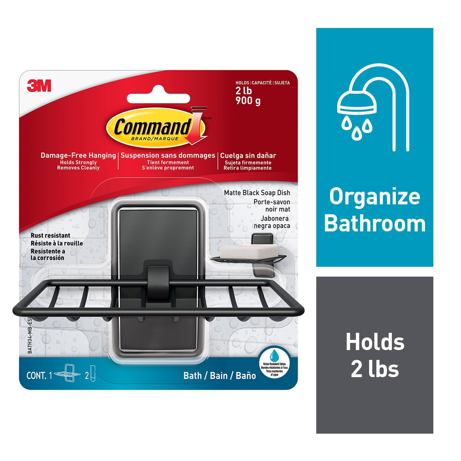 Command Bath Soap Dish, Matte Black and Command Bath Hook, Small, Matte Black, 2 Wall Hooks