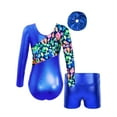 thumbnail image 2 of Hansber Kids Girls Gymnastics Outfits Shiny Metallic Leotards with Shorts 3pcs Set Dance Performance Royal Blue 12, 2 of 5