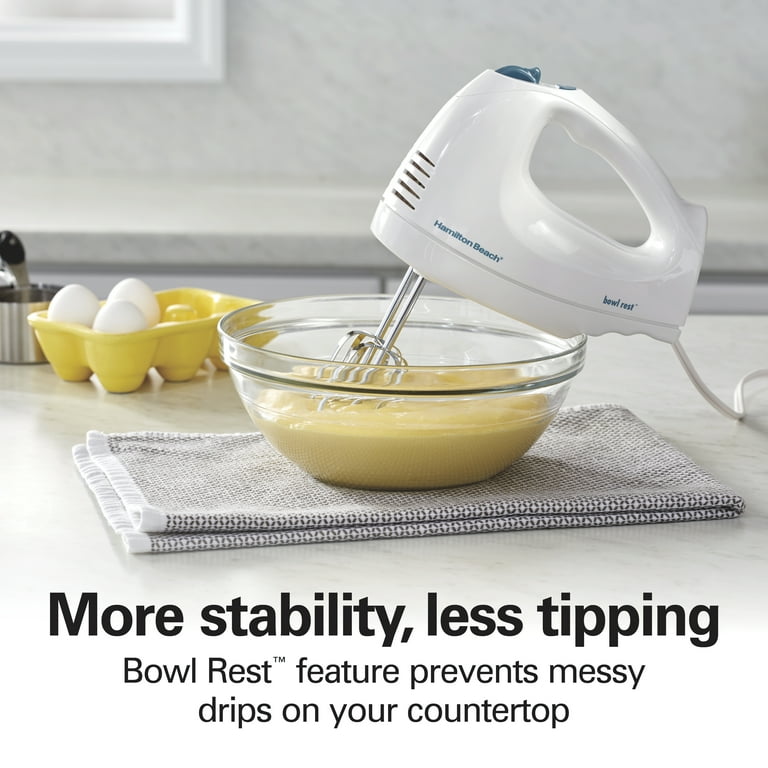 Hamilton Beach 6 Speed Electric Hand Mixer with Whisk Traditional Beaters Snap On Case 250 Watts White 62682
