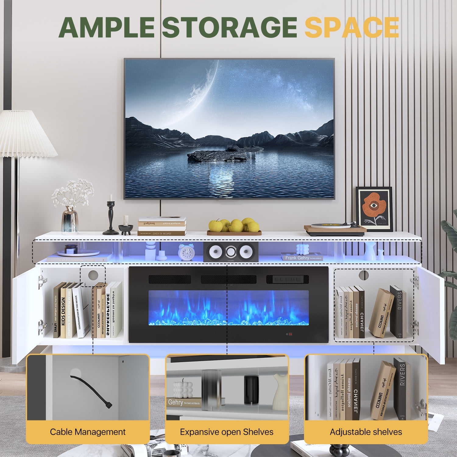 BaPiPro 70" Modern Electric Fireplace TV Stand for TVs Up to 80", Entertainment Center with Music Sync LED Lights & Storage Cabinets, Media Console for Living Room, White