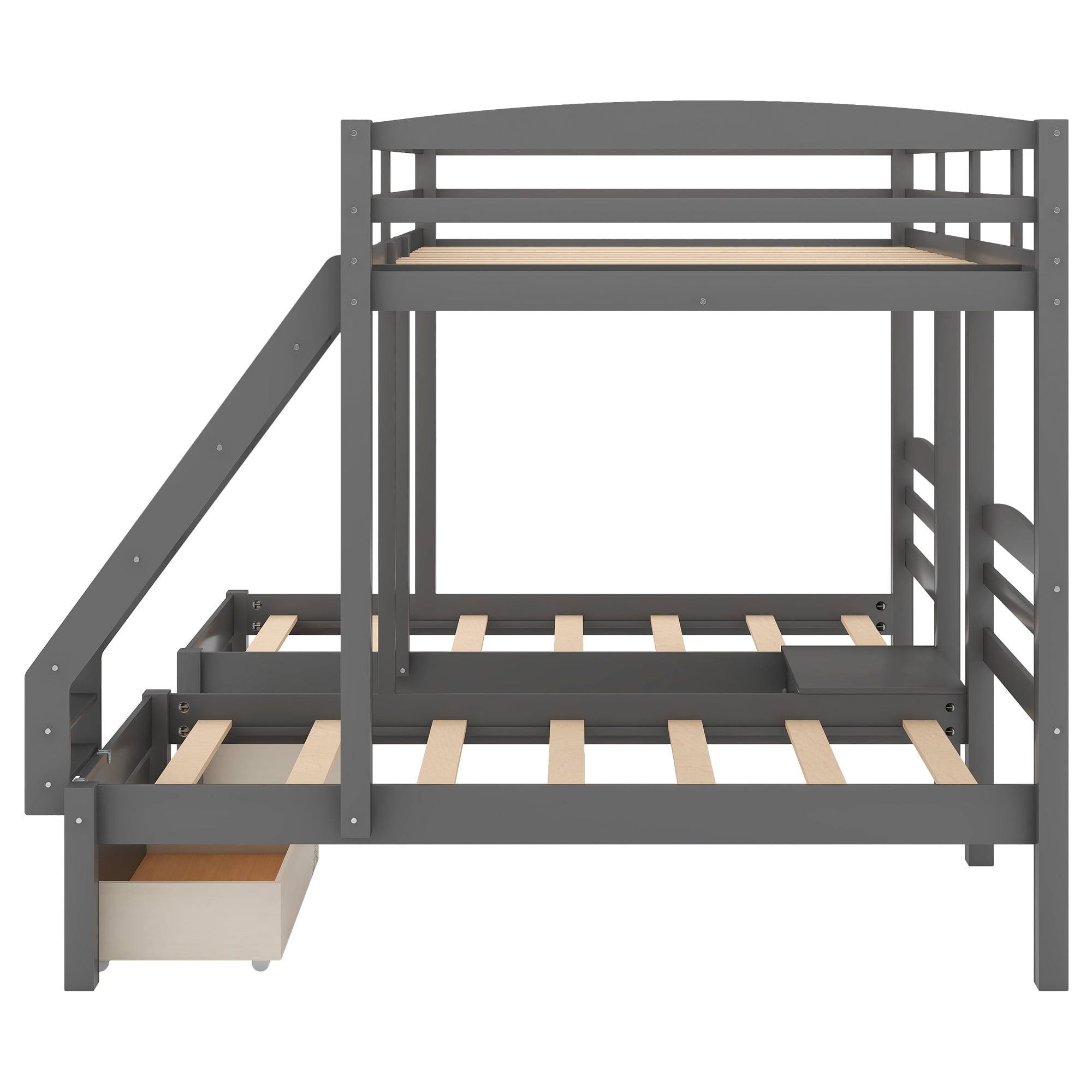 Euroco Wood Storage Bunk Bed, Full over Twin & Twin for Kids Teens Bedroom, 3-in-1 Bunk with 2 Drawers, Gray